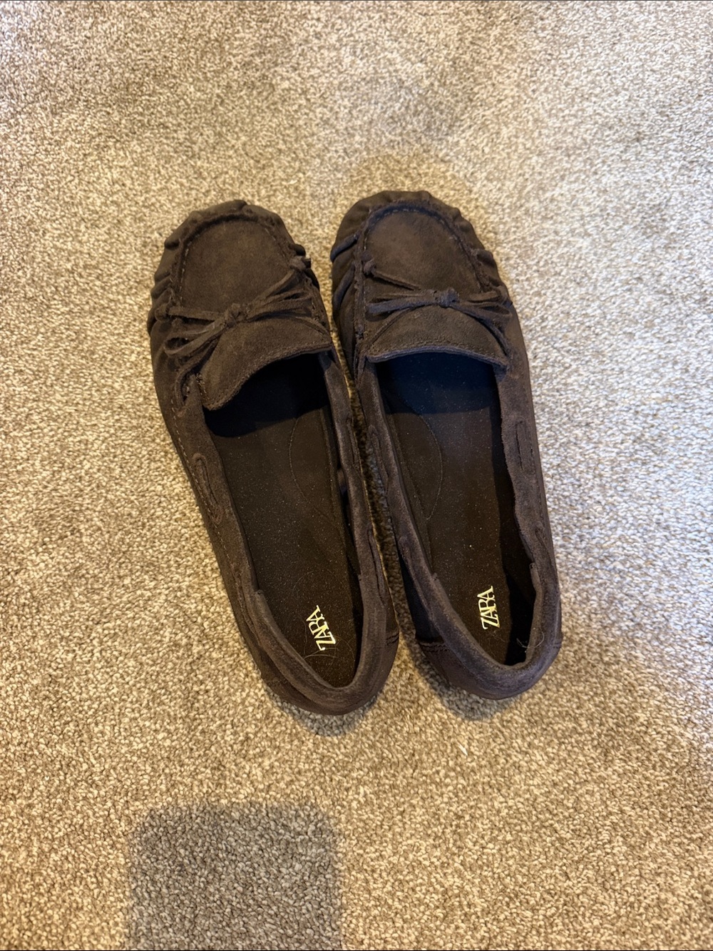Zara Dark Brown Suede Moccasin Flats with Bow